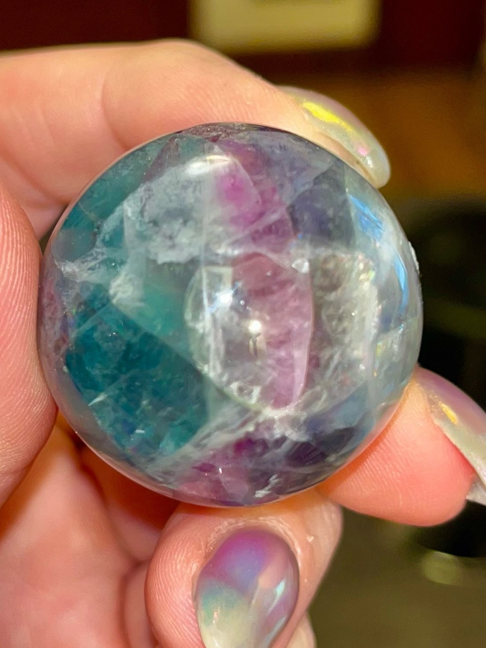 Fluorite Sphere Palm Stone - Purple & Green rainbows